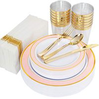 200pcs Gold Plastic Plates, Gold Plastic Silverware, Pink Plates with Gold Rim,Gold Cups and Napkins set: 25 Dinner Plates, 25 Dessert Plates, 25 Cups, 25 Knives, 50 Forks, 25 Spoons,25 Linen Napkins