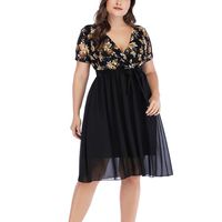 Cliramer Plus Size Short Sleeve Womens V-Neck Dress Ladies Summer Holiday Dress Summer Dress Black