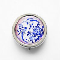 RhyNSky Chinese Style Blue and White Porcelain Pattern Mini Portable Pocket Pill Box Case Holder for Purse, 3 Compartments, Silvery, FS593