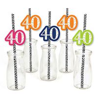 40th Birthday - Cheerful Happy Birthday - Paper Straw Decor - Colorful Fortieth Birthday Party Striped Decorative Straws - Set of 24