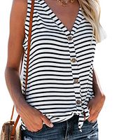 Liraly Womens V-Neck Button Stripe Sexy Vest Summer Sleeveless T-Shirt White