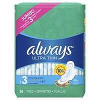 Always Ultra Thin Feminine Pads for Women, Size 3, Extra Long, Super Absorbency, with Wings, Unscented, 38 count- Pack of 3 (114 Count Total) (Package May Vary)