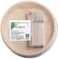 50 PCS Party Eco Friendly Disposable Dinnerware Set - 25 Palm Leaf 10 inch Plates and 25 Wooden Forks - Compostable