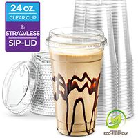 24 oz. Clear Cups with Strawless Sip-Lids, [50 Sets] PET Crystal Clear Disposable 24oz Plastic Cups with Lids