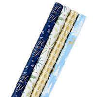 Hallmark Holiday Wrapping Paper Bundle with Cut Lines on Reverse, Elegant Woodland (Pack of 4, 120 sq. ft. ttl) Peace and Joy, Snowflakes, Greenery, Blue, Gold