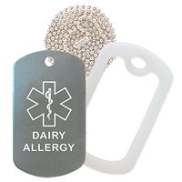Dairy Allergy Medical Alert ID Necklace with Gray Tag, Clear Silencer, and 30'' USA Chain - 154 Color Choices