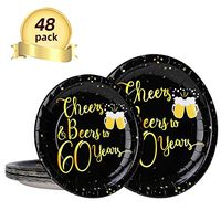 Trgowaul 60th Black and Gold Birthday Decoration Cheers & Beers to 60 Years Anniversary Party Supplies for Women Men, 24 Disposable 9" X 9" Dinner Plates, 24 Paper 7" X 7" Dessert Plates for 24 Guests
