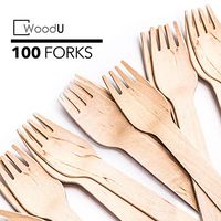 WoodU Disposable Wooden Forks Natural Birch Wood Biodegradable Utensils Cutlery Eco-Friendly Green (100)
