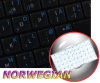 Norwegian Keyboard Decals ON Transparent Background with Blue, Orange, RED, White OR Yellow Lettering (14X14) (Blue)