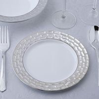 BalsaCircle 24 pcs 7.25-Inch White with Silver Textured Rim Plastic Round Plates - Disposable Wedding Party Catering Tableware