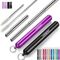 Longzon 2 Pack Telescopic Metal Straws – Reusable, Portable, Collapsible Stainless Steel Drinking Straws with 2 Aluminum Key-chain Case & 2 Cleaning Brushes for Travel - (Black/Purple)