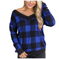 Sunhusing Women's Loose V-Neck Long Sleeve Plaid Printed Stitching Casual Short Sweatshirt Pullover Tops(Blue,L)