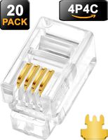 3 Prong Telephone Modular Plug RJ9/RJ10/RJ22 4P4C Connector for Phone Handset Cord 20 Pack (Compatible with Both Solid and Stranded Wire)