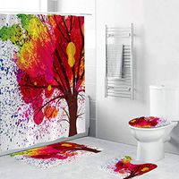 Naiflowers 4 Piece Non-Slip Bathroom Toilet Rug Mats pad & Rug Contour& Shower Curtain with Hooks & Lid Cover, Entryway Kitchen Washable Bath Shower Curtain Carpet, Beach Sea Style