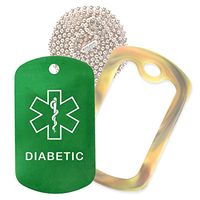 Diabetic Medical Alert ID Necklace with Green Tag, Camo Forest Silencer, and 30'' USA Chain - 154 Color Choices