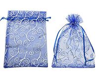 Set of 100,4x6 Inches Sheer Organza Drawstring Pouches with Vines Printing for Festival Wedding Party Favor Candy Wrap Bags by JSSHI (Blue with Silver Vines)
