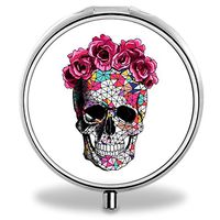 Skull Flower Pill Case, Round Stainless Drug Organizer Container Medicine Cover for Pocket Daily&Weekly