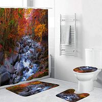 Naiflowers 4 Piece Non-Slip Bathroom Toilet Rug Mats pad & Rug Contour& Shower Curtain with Hooks & Lid Cover, Entryway Kitchen Washable Bath Shower Curtain Carpet, Beach Sea Style