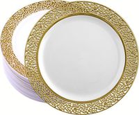 Decor Elegant Disposable Premium Heavy Weight 10.25" Dinner Plates, Inspiration Gold & White, 40 Count