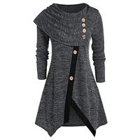 HNTDG Women Plus Size Blouse Tunic Button Crew Neck Asymmetrical Hem Wrap Pullover Sweater Tops Gray