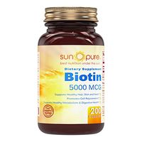 Sun Pure Premium Quality Biotin 5,000 Mcg, Capsules Glass Bottle- Supports Healthy Skin & Hair - Promotes Overall Good Health (200 Count)