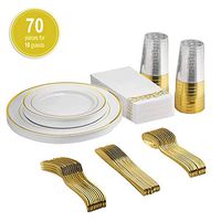 AIDEA 70 Pieces Gold Disposable Dinnerware Set-10 Guests Gold Rim Plastic Dinner Plates Dessert Plates & Plastic Sliverware Set & Napkins for Party Wedding.