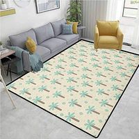 YucouHome Palm Tree Flowers Door Mat Outdoor Waterproof, Cartoon Style Pattern with Coconut Trees and Cactus Exotic Growth, Fashionable High Class Living Dinning Room(2.5'x 7') Cream Cocoa Mint Green