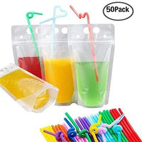 Besokuse Drink Pouches Bags Stand up Reclosable Zipper Ice Drinking Pouches Bags Hand-held Heat-Proof Drinking Bags with Plastic Straw (50 Pack)
