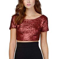 Sunhusing Women's Casual Loose Round Neck Short Sleeve Solid Color Glitter Sequin T-Shirt Short Navel Tops(Red,S)