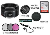 Canon EF 50mm f/1.8 STM SLR Lens Starter Kit Indoor and Out Door All Rebel Cameras T3I/T3/T4i/T5/T5I/T6/T6i/T7I More 80D/70D/60D Great for Shooting Memory Filter Kit 3 Piece Cap Keeper