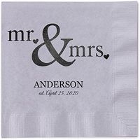Canopy Street Mr and Mrs Hearts Personalized Luncheon Napkins - 100 Silver Gray Paper Coined Napkins with a Choice of foil. 6 1/2'' x 6 1/2'' Folded, Made in The USA