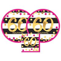 Amscan Pink & Gold 60th Birthday Party Paper Plates and Paper Napkins, 16 Servings, Bundle- 3 Items