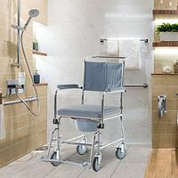 Bedside Toilet and Medical Rolling Shower Wheelchair with Bariatric Removable Bucket and Swinging Footrest Portable Ideal for Elderly Patient Mobility and Transportation Grey