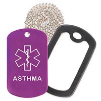 Asthma Medical Alert ID Necklace with Purple Tag, Black Silencer, and 30'' USA Chain - 154 Color Choices