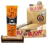 189 RAW Pre-Rolled Tips, RAW Natural Unrefined 1 ¼ (Full Box), RAW 79mm Roller, with Hippie Butler Pop Top Storage Container- 4 Item Bundle