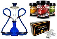 17" 2-hose Blue Hookah Set Nargila Pipe + 1 Hard Hookah Case + 1 Box of Hydro Shisha Flavor  + 10 Instant Charcoals + Hose + Tongs + All Rubber Garments.
