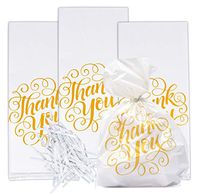 100 Thank You Cellophane Bag Plastic Treat Favor Bags White with Gold Wedding Anniversary Baby Shower & Birthday Party Supplies Decorations For Adults Teens Kids Candy Goodie Grab Bag By Gift Boutique