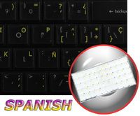Spanish Keyboard Decals ON Transparent Background with Blue, Orange, RED, White OR Yellow Lettering (14X14) (Yellow)