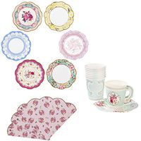 Vintage Tea Party Supplies Disposable Paper Plates Cups Napkins Set Elegant Floral Style
