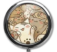 Cute Cat Design New Silver Round Pill Box Decorative Metal Medicine Vitamin Organizer Unique Gift,No Separation, an Entire Storage Space