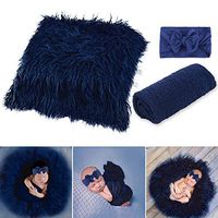 Newborn Photo Props, Fascigirl 3PCS Toddler Photo Blankets Wrap and Headband Long Hair Photography Wrap Shaggy Area Rug Photo Prop Multi-Purpose Swaddle Wrap Photography Mat (Navy)