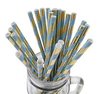 IPALMAY Blue and Foil Gold Stripes Paper Straws for Birthday, Wedding and Party, Pack of 100