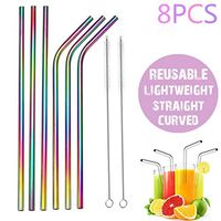 buS9YIN4E 8Pcs Creative Reusable Rainbow Stainless Steel Metal Straws- About 8.5 Inch- Include 3Pcs Straight Reusable Drinking Straws and 3Pcs Curved Straws and 2Pcs Brush