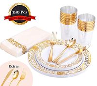 HomyBasic Disposable Dinnerware & Silverware Set for 25 - Elegant Dinner & Dessert Plastic Plates, Cups & Paper Napkins. 30 Sets for Forks, Spoons, Knives for Wedding Parties, Birthday Party (Gold)