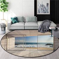 Modern Modern Machine Washable Round Bath Mat,Empty Modern Lounge Area with Large Window and View of Sea Waves Rocks Art Non-Slip Living Room Soft Floor Mat,Round-55 Inch Beige Blue White