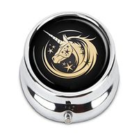 Guojew Golden unicorn head circle symbol with stars Custom Fashion Round Pill Box Tablet Holder Pocket Purse Organizer Case Decoration Box