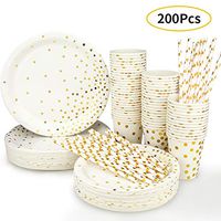 Simbago Disposable Paper Plates Party Supplies - Gold Metallic Foil Dots 50 Dinner Plates 50 Dessert Plates 50 Paper Straws and 50 9 Ounce Cups for Family Friend Work Birthday Party (200pcs)