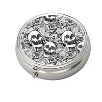 Cecillia Ranunculus Rose Flower Skull Decorative Boxes Silver Round Pill Box Medicine Tablet Holder Wallet Organizer Case for Pocket or Purse