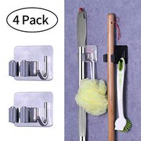 Shencai Mop Broom Holder, Wall Mounted Self Adhesive Stainless Steel Waterproof Hooks No Drilling 2-in-1 Design Broom Hanger Tool Storage Ideal for Kitchen Garden Bathroom Living Room (4 Pack, Gray)