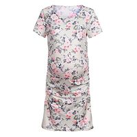 Jeash Women's Maternity Elegant Short Sleeve Floral Print Dress Bodycon Sides Wrinkle Summer Pregnancy Sundress (S, Beige)